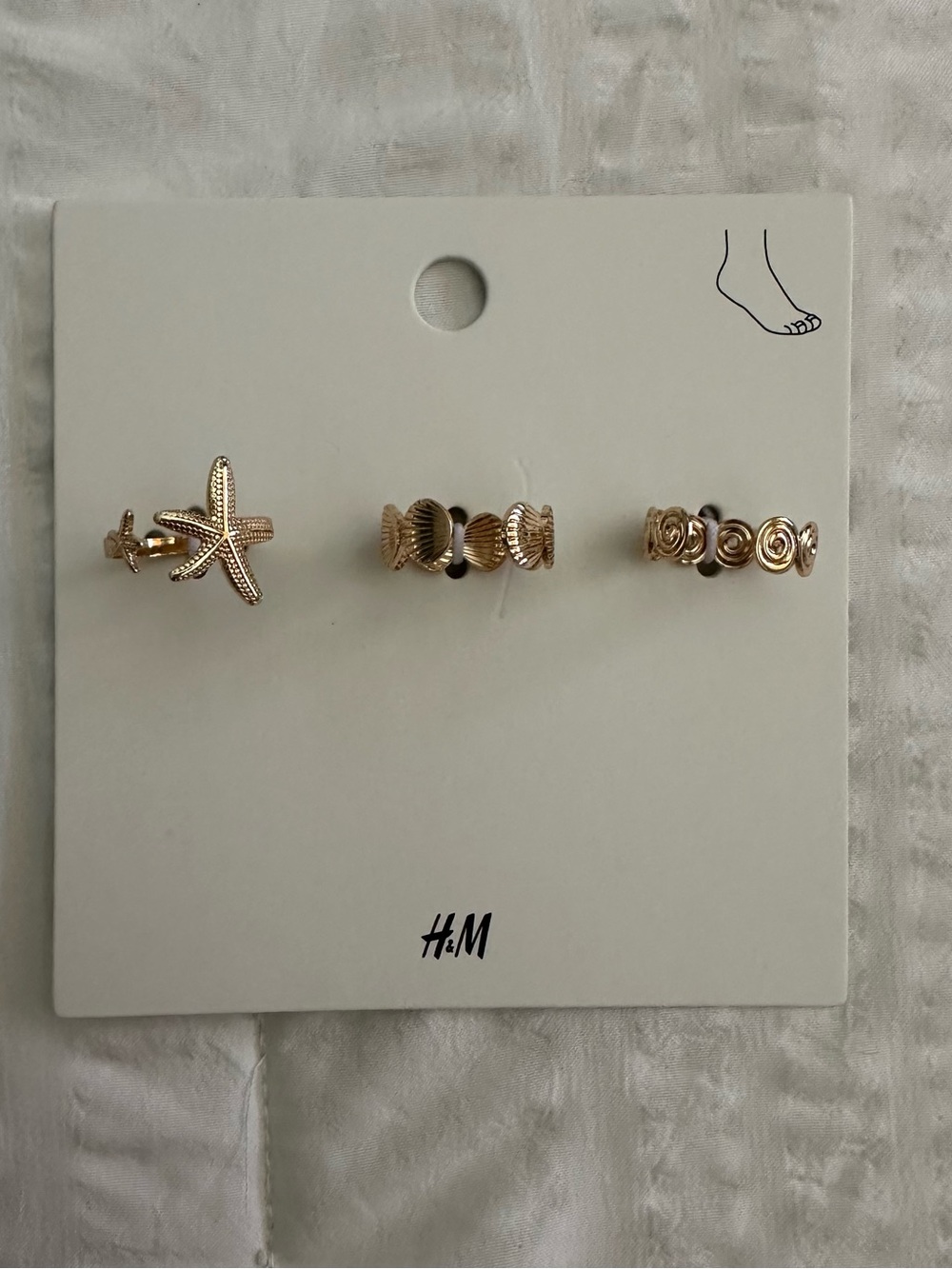 3-Pack Sea Themed Toe Rings Gold-Tone Sea Star, Shell & Spiral -